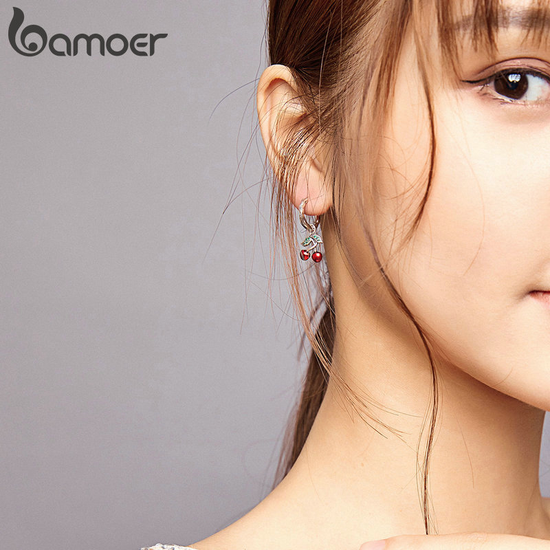 Khuyên Tại Dạng Nụ Cao Cấp Bamoer SCE905 Thiết Kế Quả Anh Đào Ngọt Ngào Bằng Bạc 925 Thật Cho Nữ