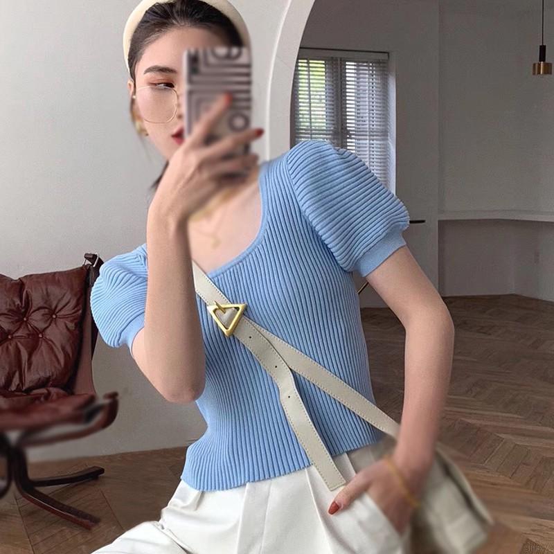 Áo Dệt Kim Tay Ngắn Cổ Vuông Màu Trơn Phong Cách Hàn Quốc