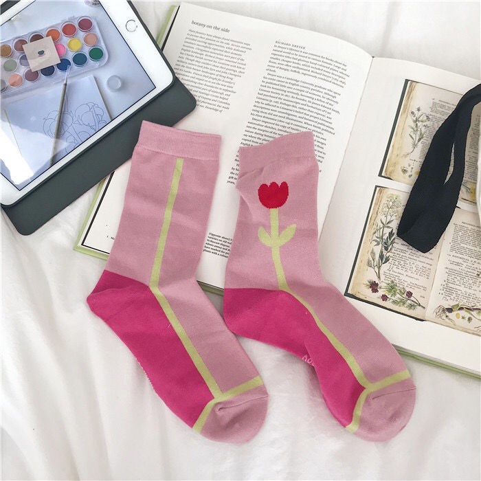 Vớ Cotton Họa Tiết Hoa Tulip Dễ Thương Dành Cho Nữ