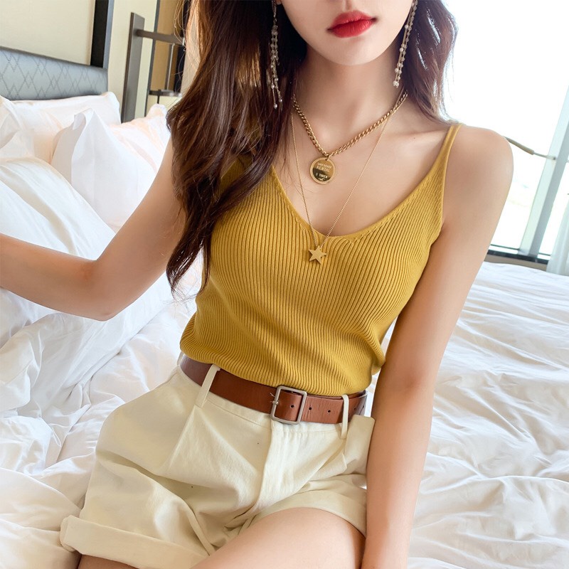 Áo len 2 dây nhỏ cổ tim dệt tằm cao cấp thoáng mát mùa hè mùa đông giữ ấm Evaclothes