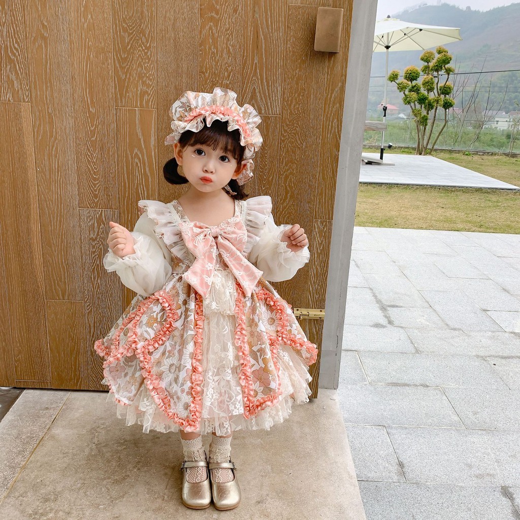 Đầm Bèo Dáng Xòe Công Chúa Lolita Bé Gái Màu Cam Kèm Belt Đội Đầu-Jena703