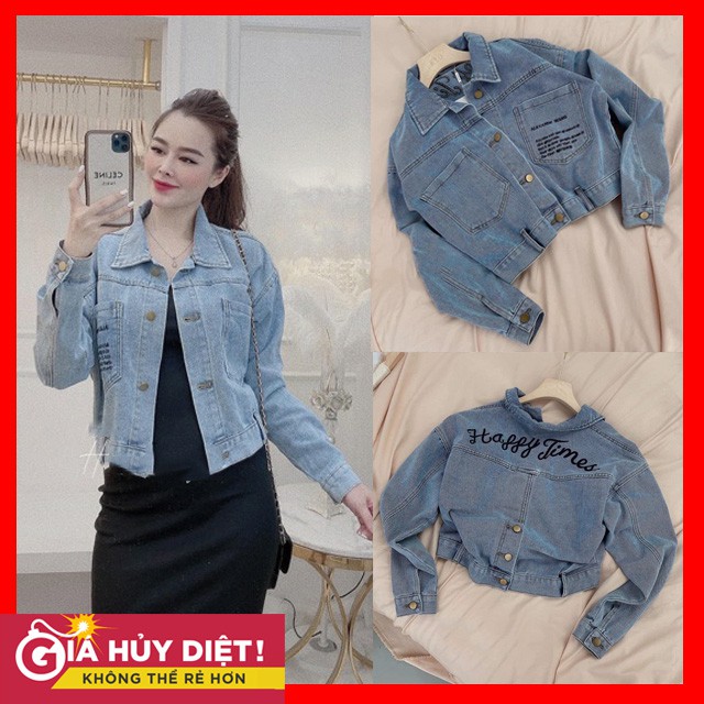 Áo Khoác Nữ Jeans Chất Bò Demin Thêu Chữ Happy Time, Freesize Dưới 58kg