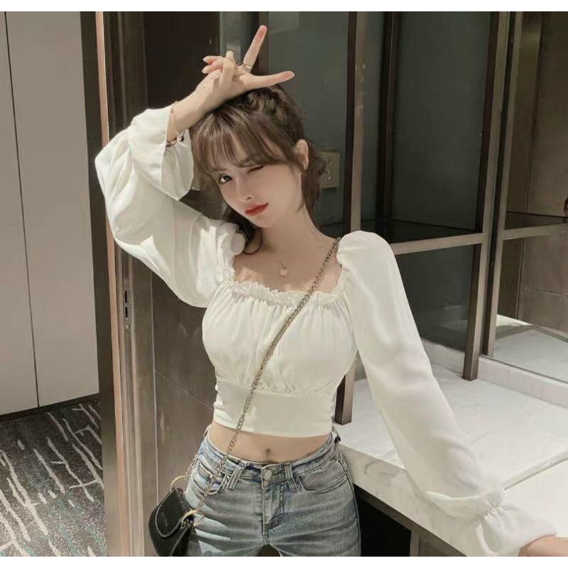 Áo croptop đan dây sau lưng trắng đen nữ tính