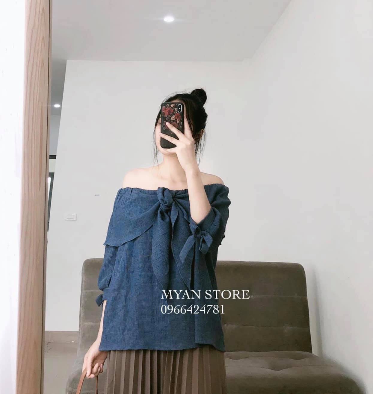 Áo trễ vai nơ trước, tay nơ (2m) AVN032105