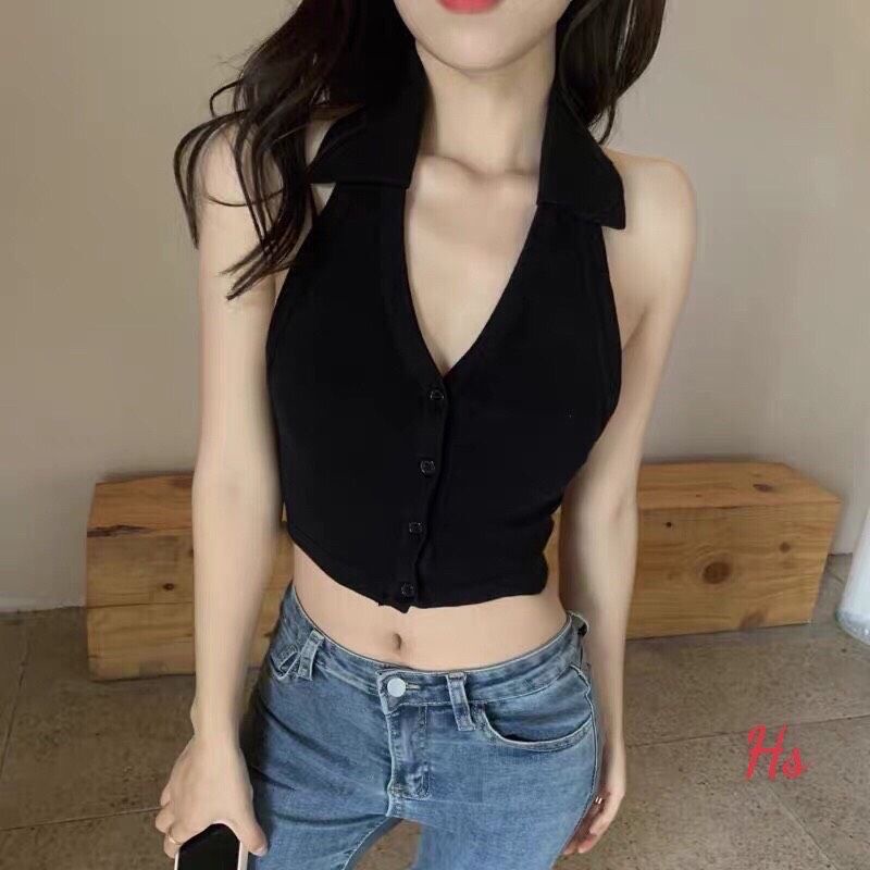 Áo Croptop Nữ 3 Lỗ Cổ Bẻ 2 Màu So Hot
