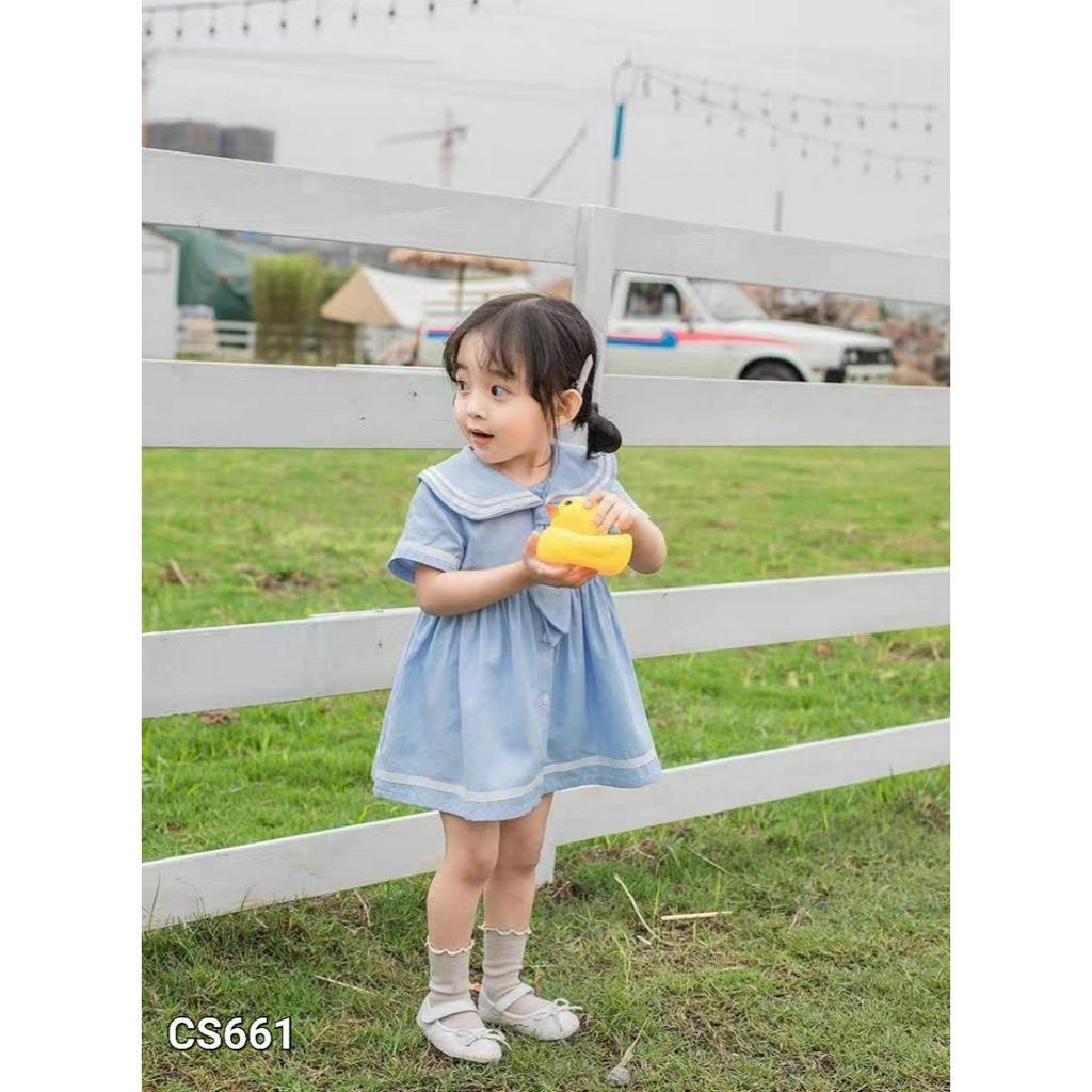 Đầm thô cổ thủy thủ thêu trái tim nhỏ xinh cho bé gái đáng yêu