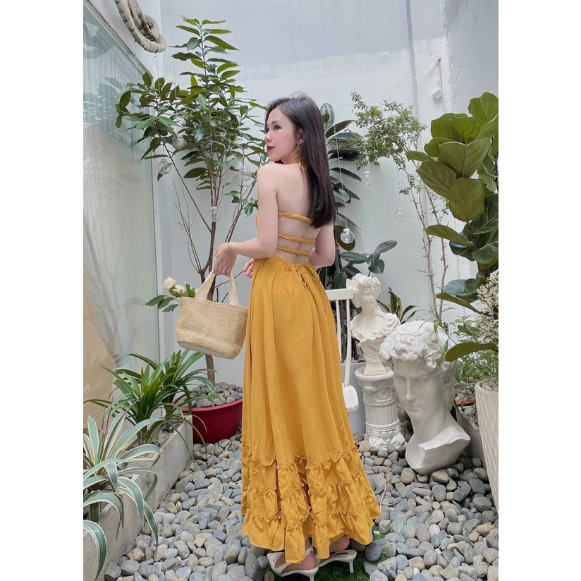 [HÌNH THẬT] Đầm maxi đi biển màu vàng nhún ngực hở lưng hot trend - MIXIZ HOUSE