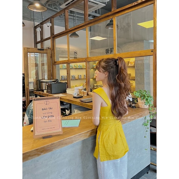 MIE MIN Áo Linen tưng cổ vuông xẻ tà 2 bên