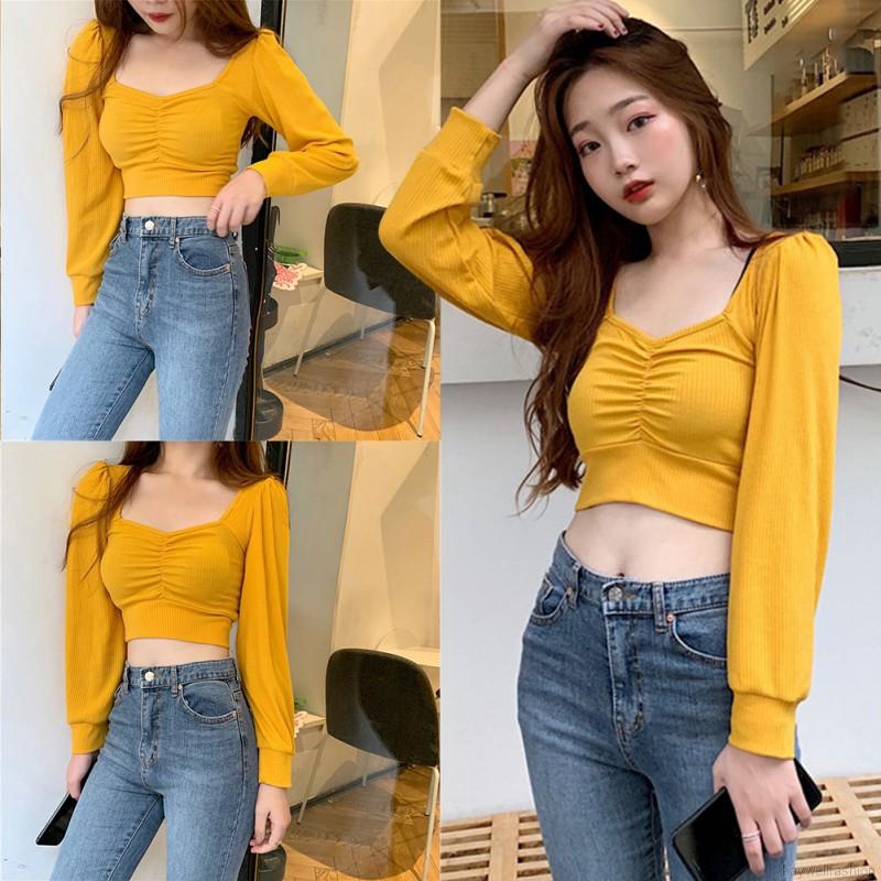 [Baywellfashion]Retro Square Collar Elastic Tight  Long Sleeve Crop Tops | BigBuy360 - bigbuy360.vn