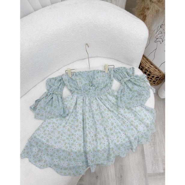 ĐẦm voan hoa xanh rớt vai xòe chiết eo