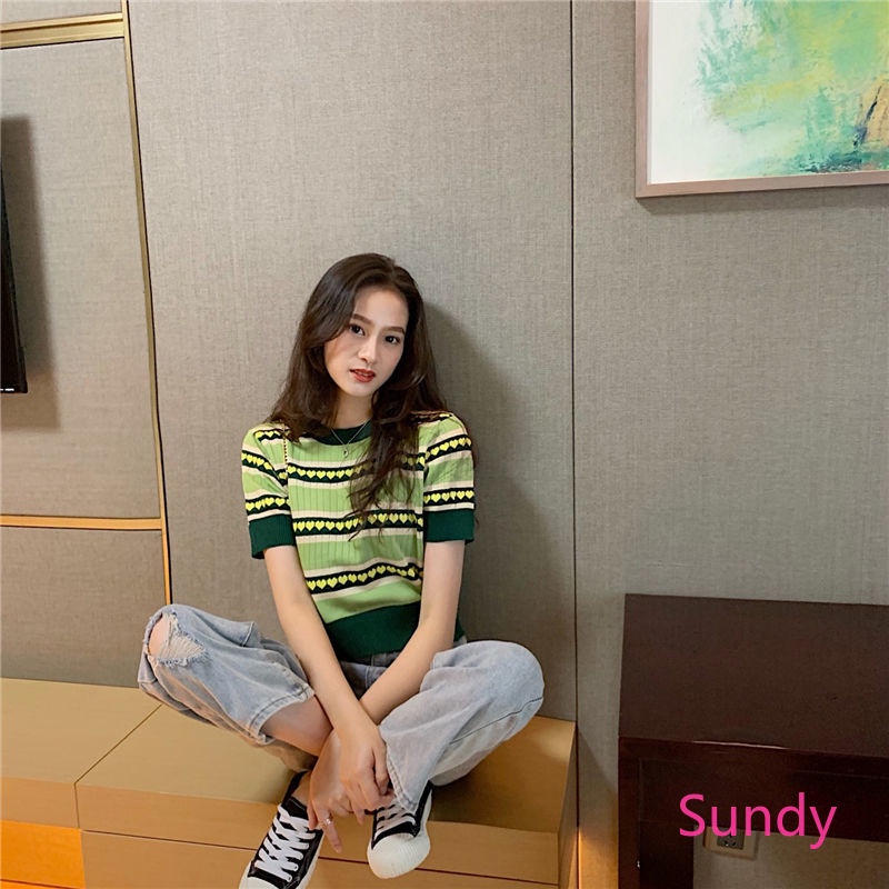 Áo Thun Dệt Kim In Họa Tiết Dễ Thương Phong Cách Hàn Quốc Thời Trang Mùa Hè Cho Nữ