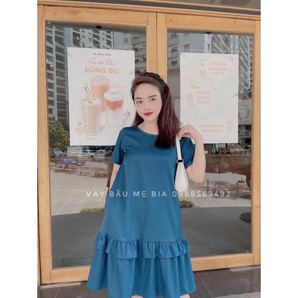 Váy bầu bigsize - Đầm bầu thiết kế GuMe 2 màu xan, đen dáng suông bèo tầng chất vải chéo hàn size từ 40-100kg MB234