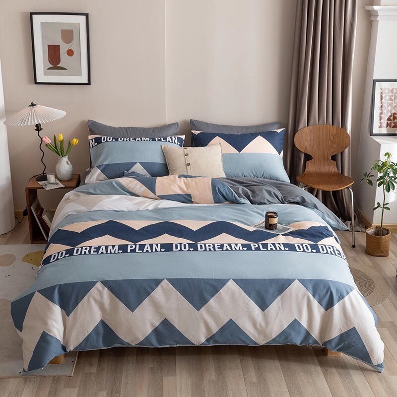 Bộ chăn ga gối Cotton Organic Bo Decor ga gối cotton Hàn Quốc kẻ 2021 miễn phí bo chun grap giường