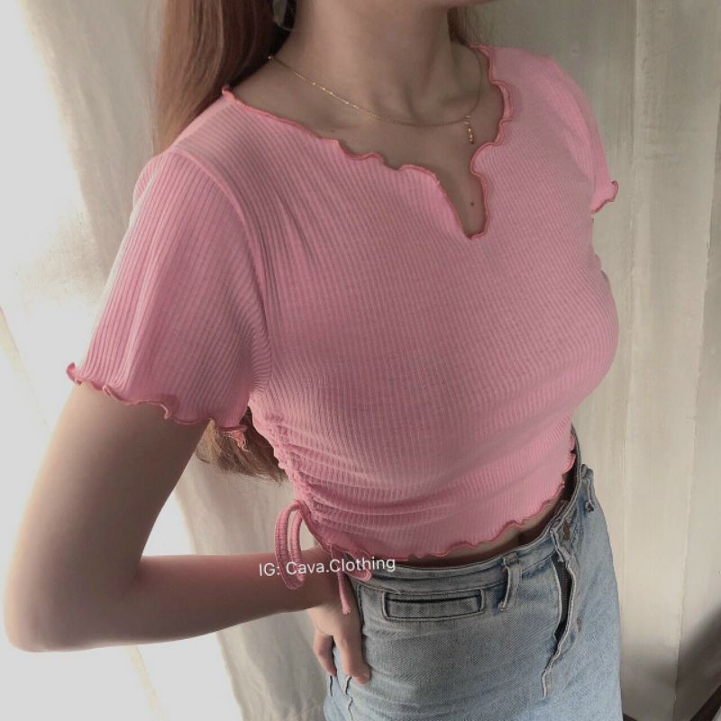 Áo thun tay ngắn rút dây 1 bêm cổ V