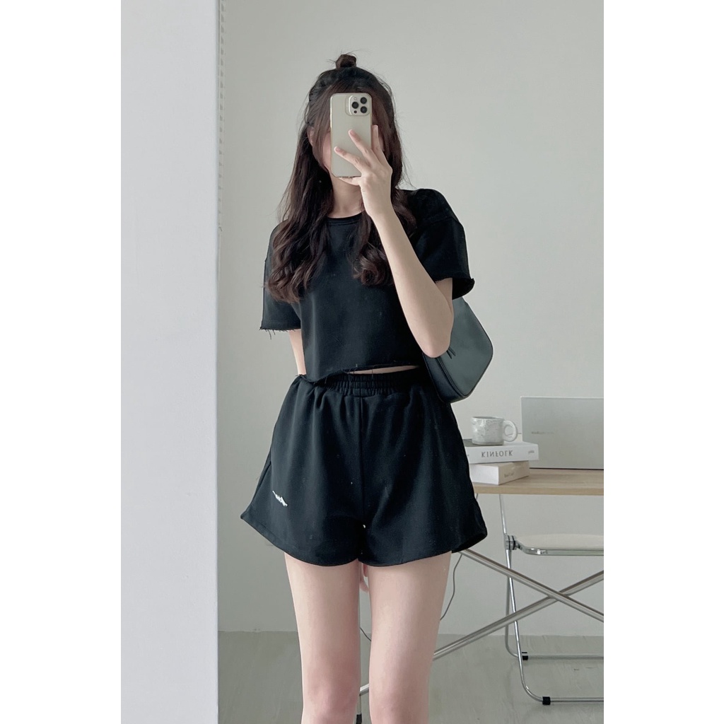 Set Đùi Trơn Áo Croptop Chữ Kí PEONYB Nữ [FREESHIP]  Bộ đồ quần short kèm thun kiểu đường phố 3158 hàn quốc Ulzzang
