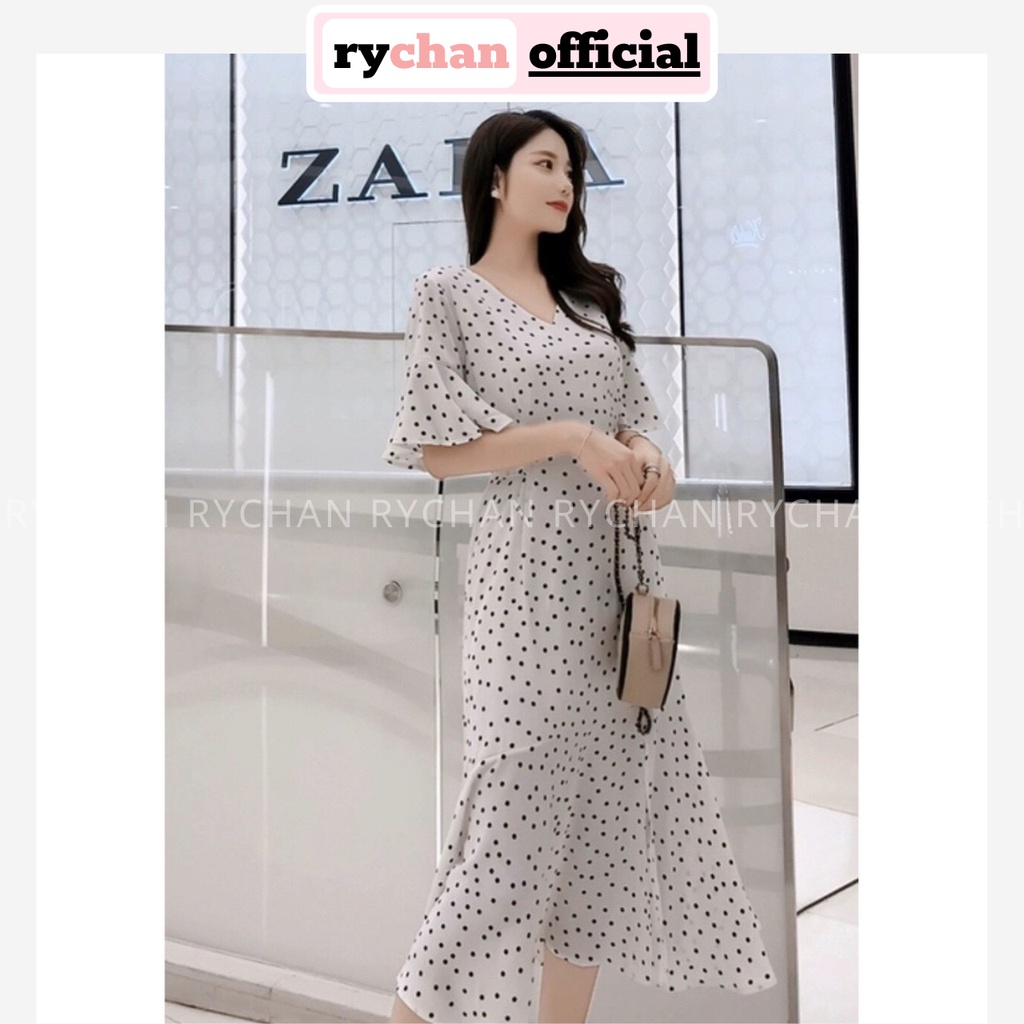 Đầm Maxi Đi Biển Xòe Chấm Bi Đuôi Cá Tay Loe Xẻ Tà Lót Trong Dày Dặn - DM013