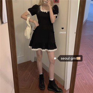 (ORDER) Váy xòe ngắn cổ vuông phối viền ren màu đen style kiểu Pháp sang trọng retro cá tính