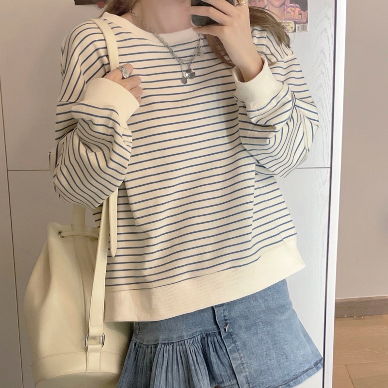 SUXI Áo Sweater Tay Dài Cổ Tròn Vải Mỏng Kẻ Sọc Phong Cách Thể Thao Cổ Điển Kiểu Hàn Thời Trang Mùa Thu Cho Bạn Nữ