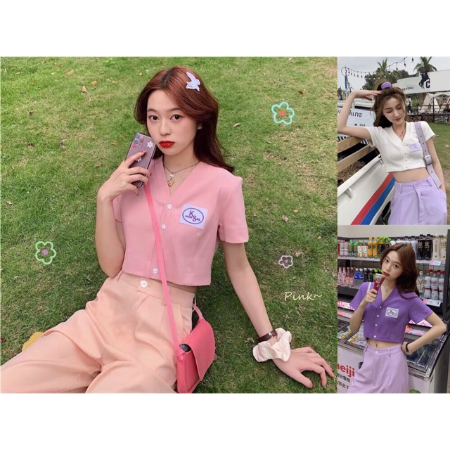 Áo croptop cổ polo gài nút