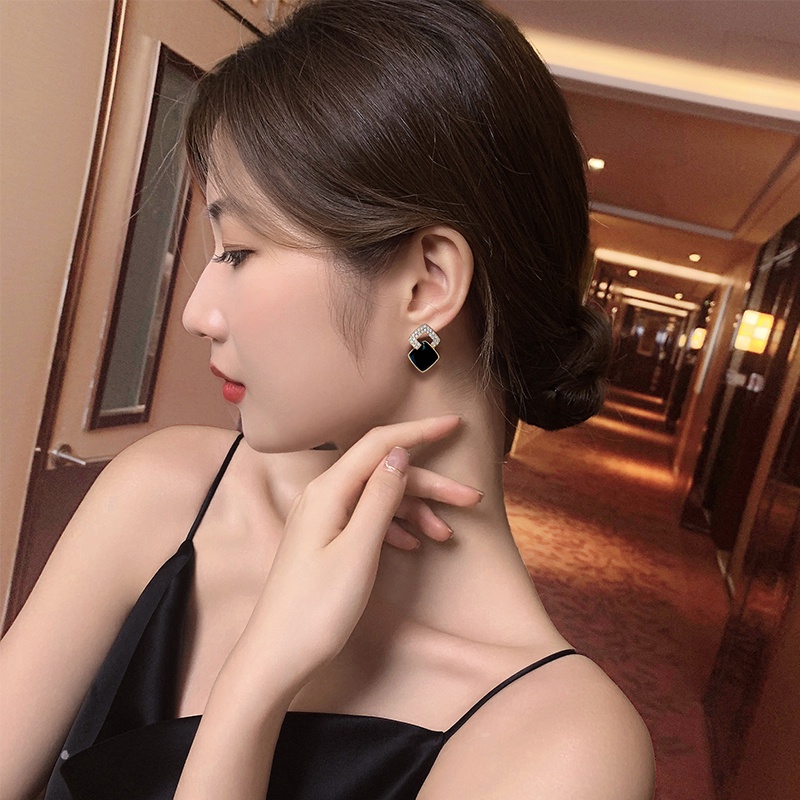 Bông Tai Mạ Bạc 925 Hình Vuông Màu Đen Phong Cách Hàn Quốc Đơn Giản