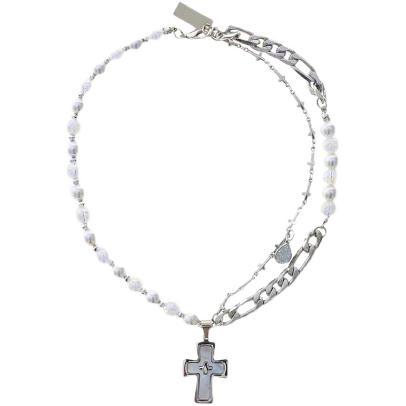 Vòng cổ Thép Titan Mặt Chữ Thập Đính Ngọc Trai Phong Cách hip hop