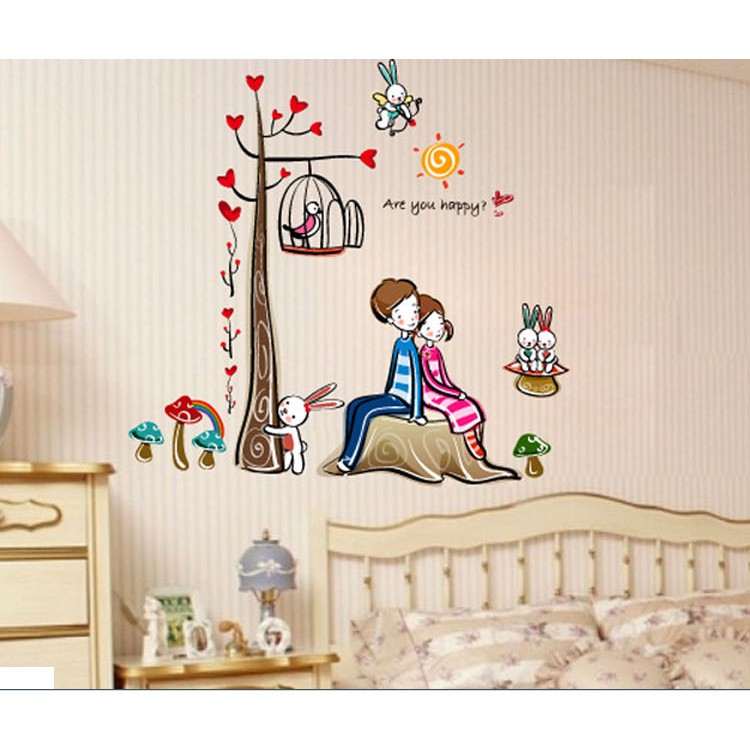 Decal trang trí tường - Cây trái tim lớn và đôi tình nhân đáng yêu