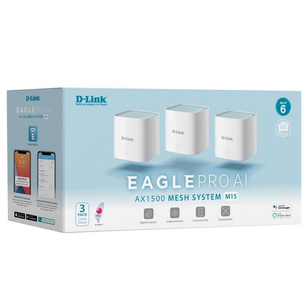 Bộ Phát Wifi 6 Mesh - D-Link M15 (bộ 3 thiết bị)-Router Wi-fi Mesh chuẩn Wi-fi 6 AX1500 D-Link Eagle Pro AI M15