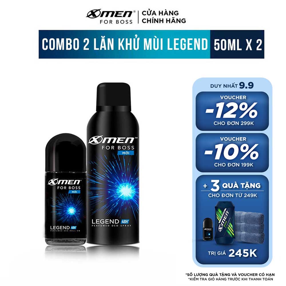 Combo Lăn khử mùi X-men For Boss Legend 50ml + Xịt khử mùi X-men For Boss Legend 150ml