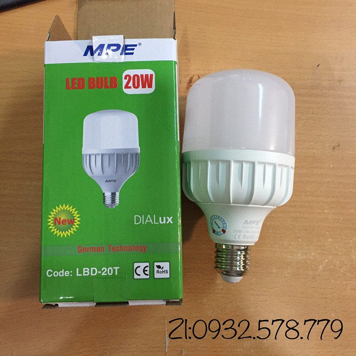 BÓNG ĐÈN LED BUP 20W MPE,BÓNG LED TRỤ 20W MPE THÂN NHỰA LBD-20