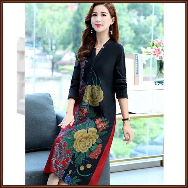 Đầm Dài Qua Gối Cổ Chữ V Tay Dài In Họa Tiết Hoa Phong Cách Cổ Điển Dành Cho Nữ