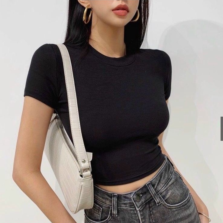 Áo Croptop Nữ Tay Ngắn Kiểu Dáng Ôm Body BIGOMALL - Áo Nữ Trơn Cổ Tròn Chất Thun Co Dãn Thoáng Mát Thời Trang