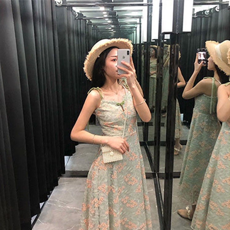 Đầm Dáng Dài Eo Cao Màu Xanh Matcha Phong Cách Retro Nữ Tính