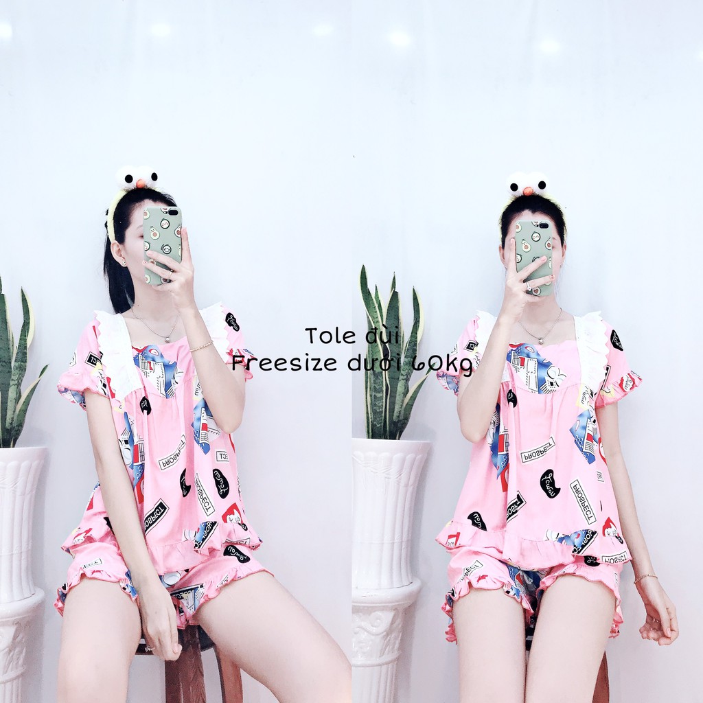 Đồ Bộ Nữ Pijama Lụa Tole Tay Ngắn Quần Đùi Mặc Nhà Đáng Yêu