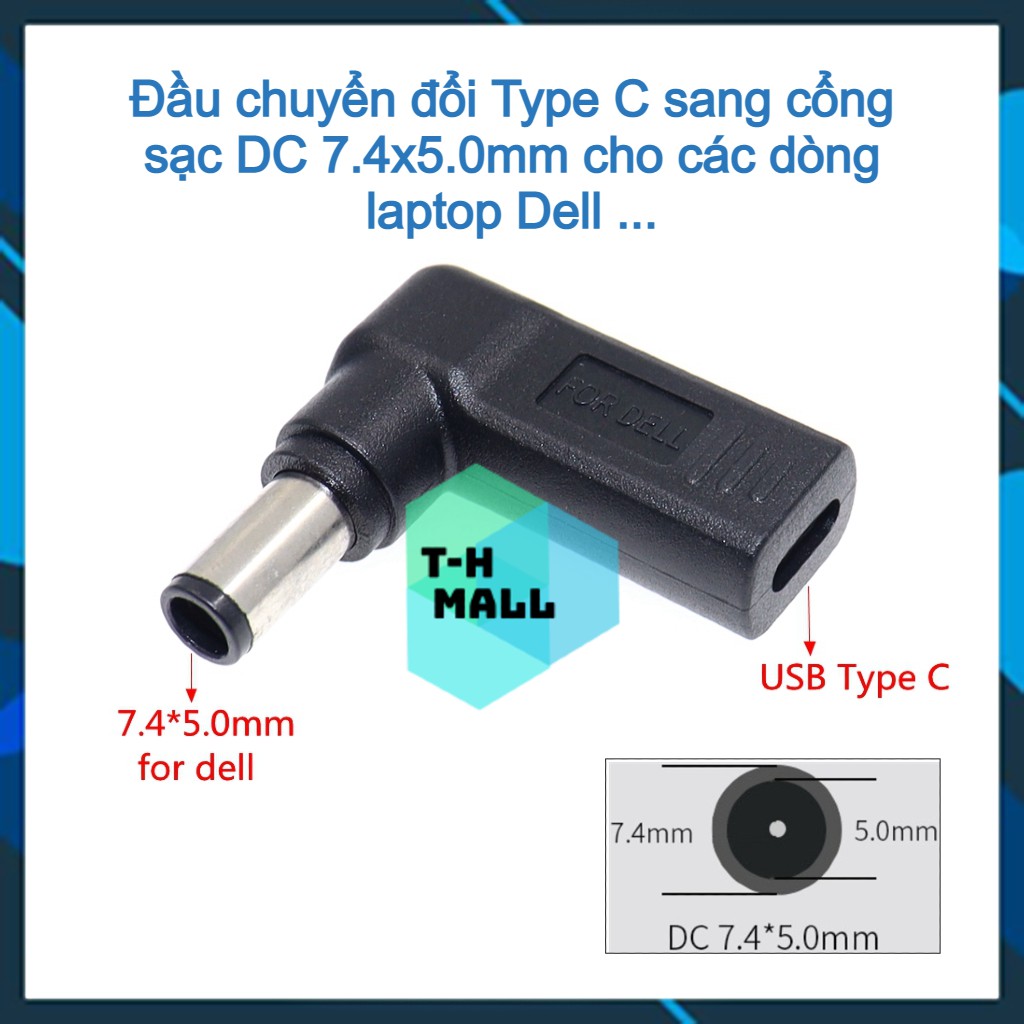 Đầu sạc chuyển đổi cổng USB Type C sang nguồn điện DC 7.4x5.0mm / 7.4*5.0mm chuyên dụng cho laptop Dell HP