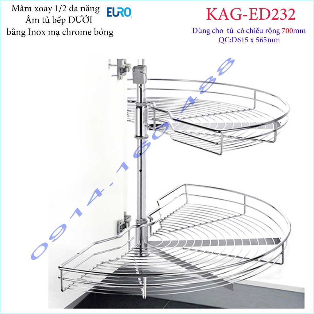 Kệ bán nguyệt Euro KAG-ED232- 2 tầng, mâm xoay inox 1.2, kệ góc tủ bếp dưới inox tròn thiết kế đẹp tiết kiệm không gian