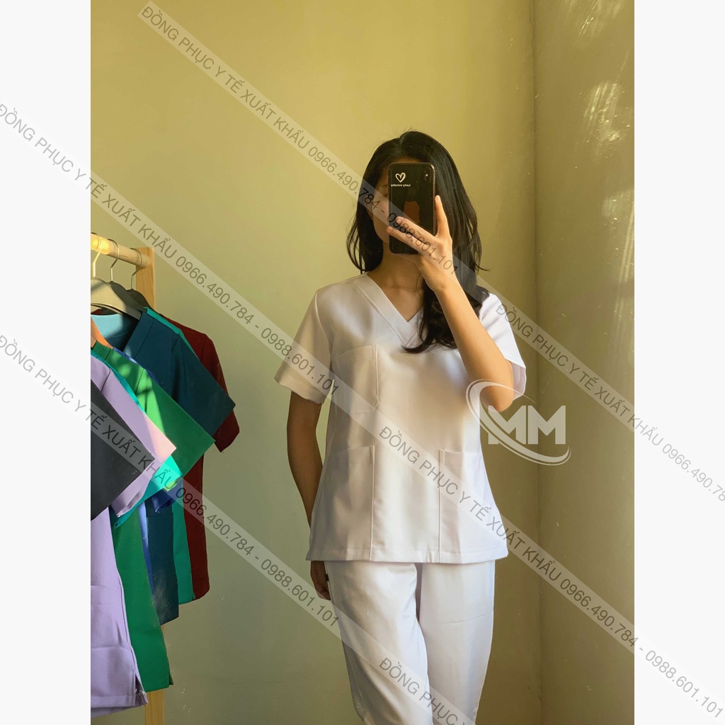 Bộ scrubs Màu Trắng, Bộ quần áo Blouse bác sỹ, phẫu thuật, thẩm mỹ, Spa, Đông Phục Y Tế Cao Cấp