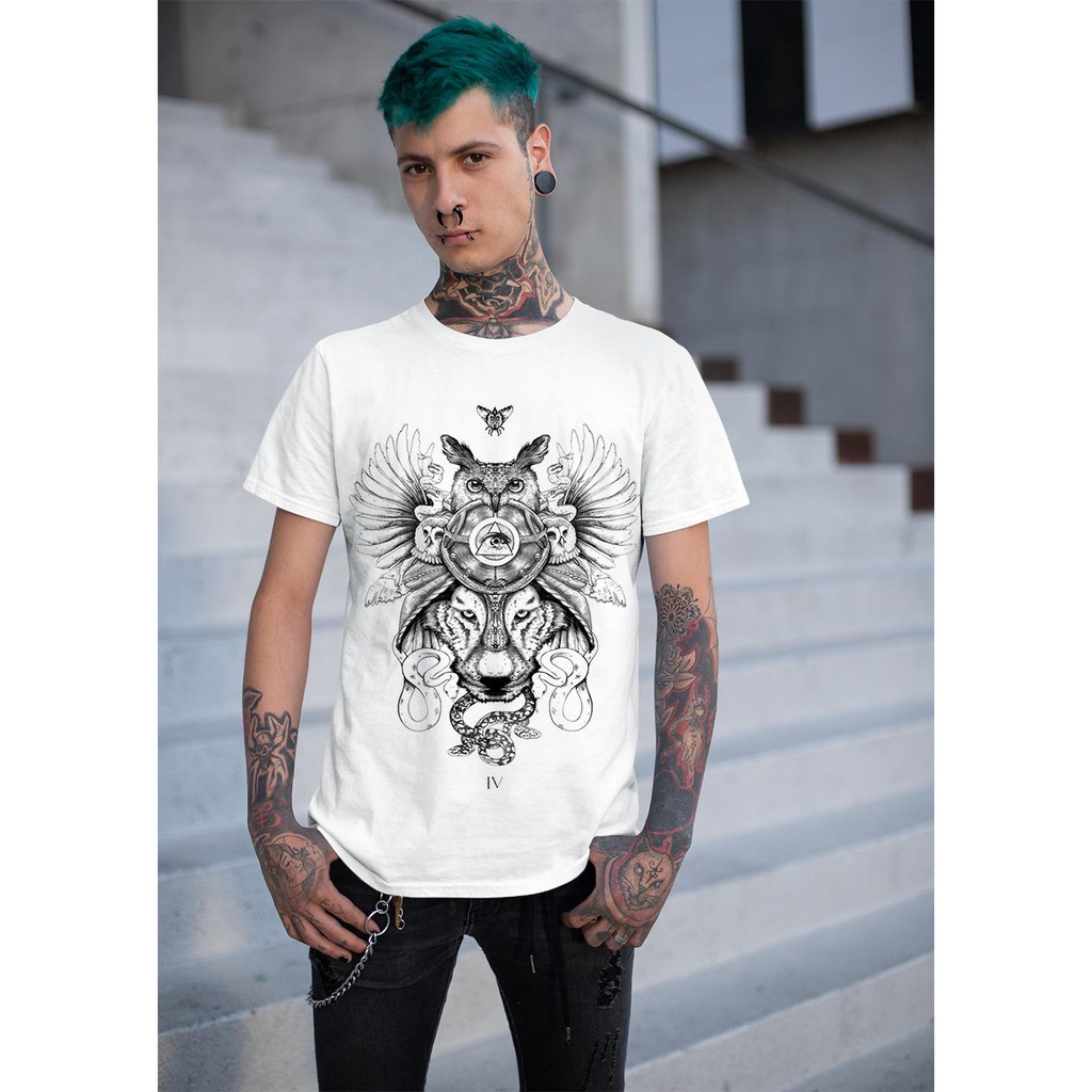 Áo thun Nam in hình hình xăm muôn thú kiểu vẽ chì trắng đen - Cotton Thun Phong Cách Cá Tính - Cực Chất Và Đẹp