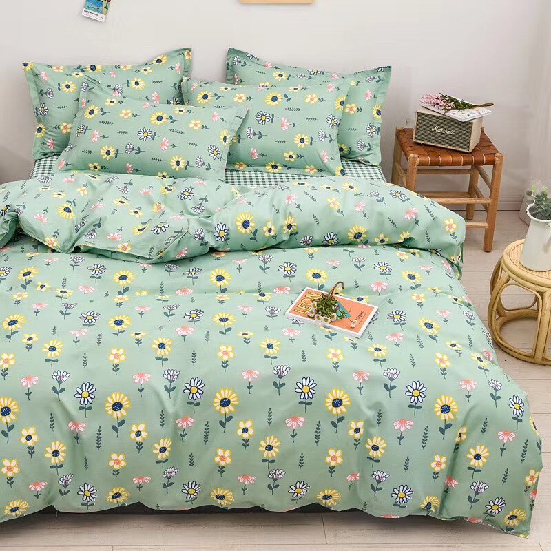 Bộ chăn ga gối cotton poly Lidaco decor phòng ngủ vintage - Hướng Dương Xanh SP001130