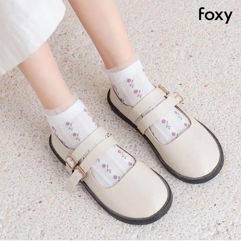Tất Nữ Cổ Thấp Màu Trắng Phong Cách Nhật Bản Cổ Ren Hoạ Tiết Hoa Cỏ Dễ Thương Foxy - FOS003