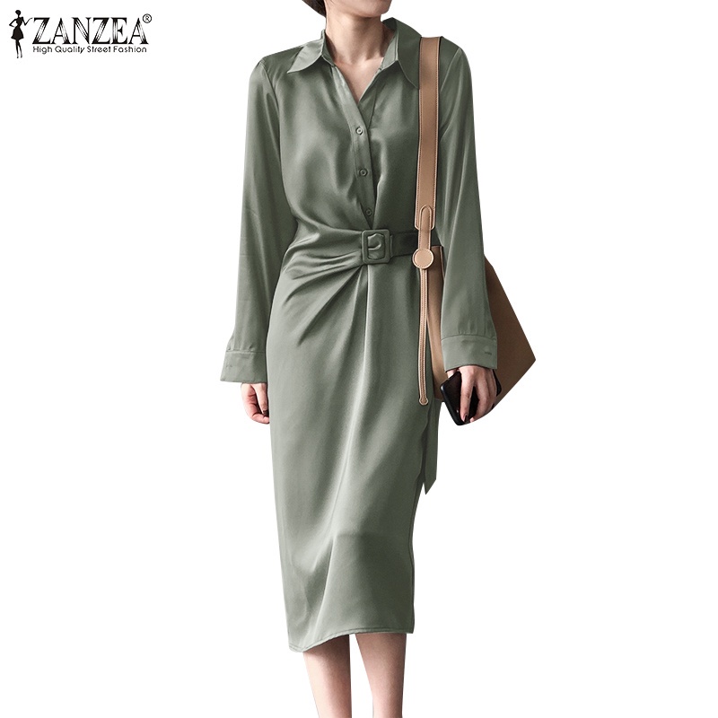 Đầm ZANZEA dáng ôm tay dài cài nút màu trơn phong cách thanh lịch Hàn Quốc giản dị dành cho nữ