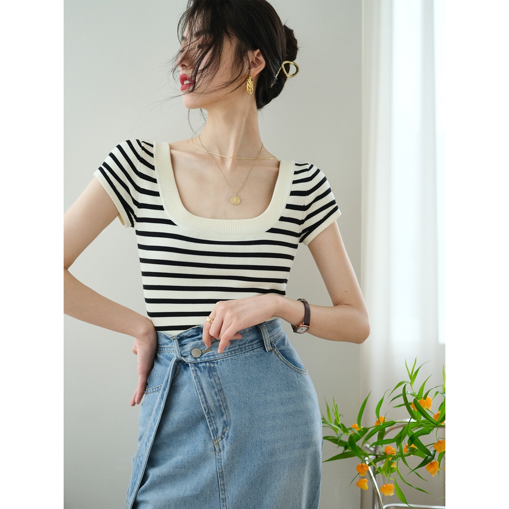 Áo thun ZHELIHANGFEI tay ngắn họa tiết sọc năng động thời trang theo phong cách retro