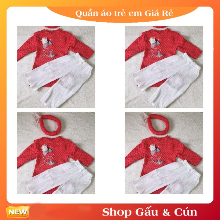 Áo dài cách tân cho bé gái chất xốp đẹp phối hoa ngọc , có mấn và quần dập ly siêu xinh 10-16kg