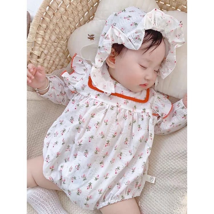 Bộ romper trắng kèm mũ họa tiết hoa hồng nhí bé gái