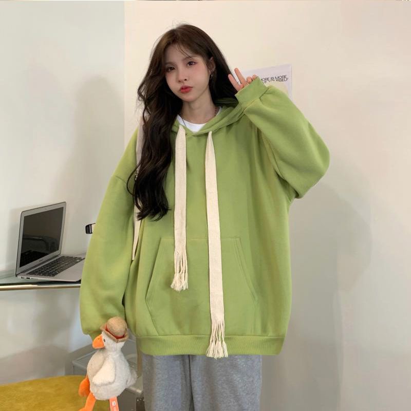 Áo hoodie Lông Nhung Dáng Rộng Màu Xanh Bơ Thời Trang Thu Đông Dành Cho Nữ