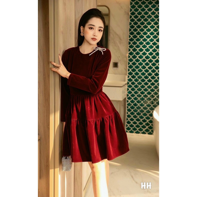 Váy nhung tiểu thư, váy nhung đỏ hàng thiết kế phối nơ sang đẹp tay bồng diện đi chơi nhứt nách | BigBuy360 - bigbuy360.vn