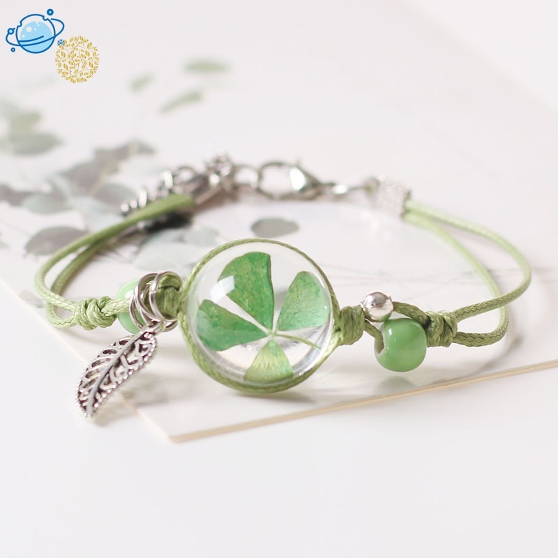 Vòng Tay Dây Bện Phối Mặt Kính Có Hoa Khô Làm Bằng Thủ Công