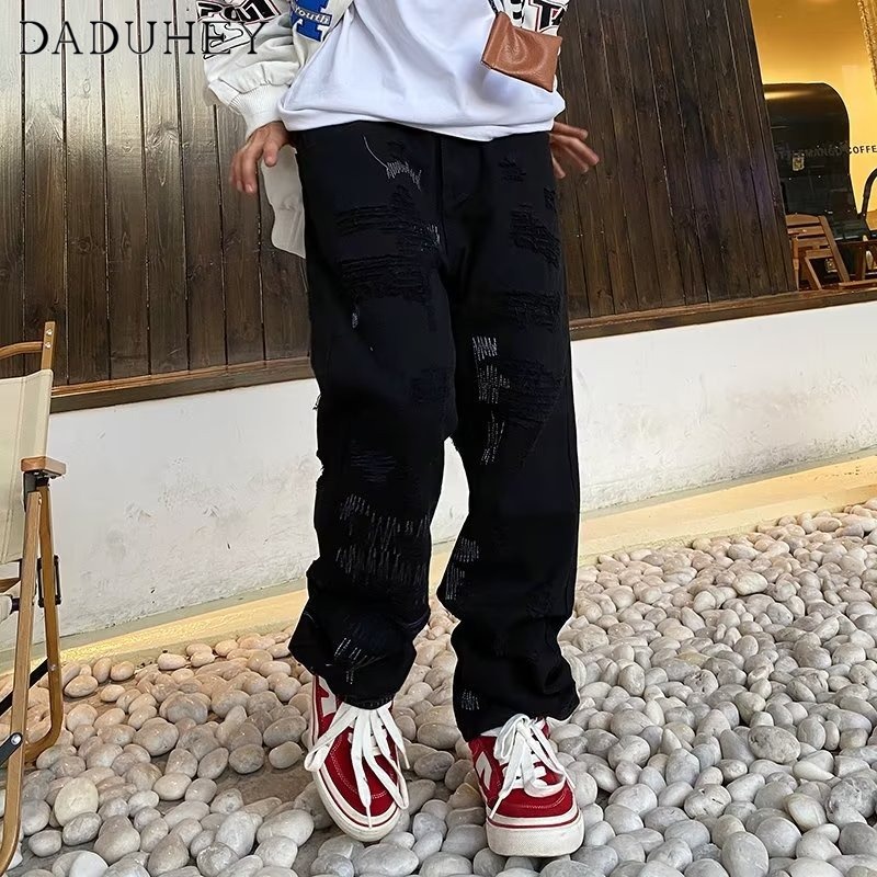 DaDuHey Men's Summer New 2022 Hong Kong Style Fashion Casual Pants Hip Hop Cool Ins Trendy High Street Fashionable Jeans