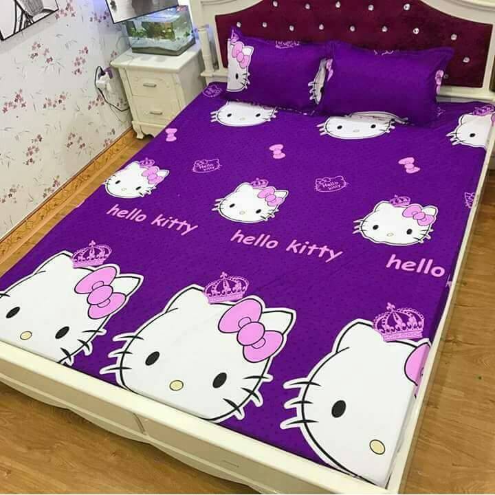 [Nghỉ bán xả gấp]Drap ga giường cotton poly mềm mịn-mẫu hello kitty tím