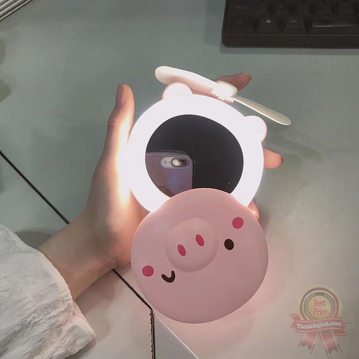 Quạt tích điện mini 3 in 1 có đèn LED Fan Gương hình con lợn heo hồng cute dễ thương cầm tay để bàn tiện lợi bỏ túi