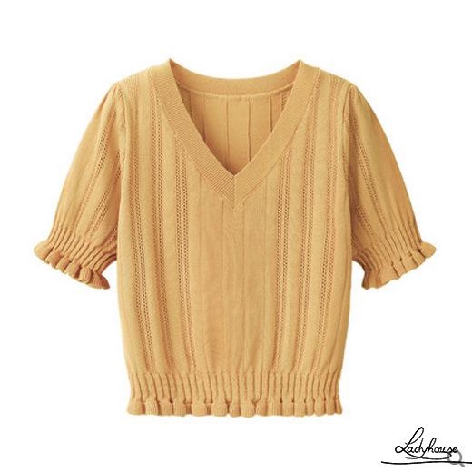 Áo Thun Dệt Kim Tay Ngắn Cổ Chữ V Màu Trơn Thời Trang Cho Nữ